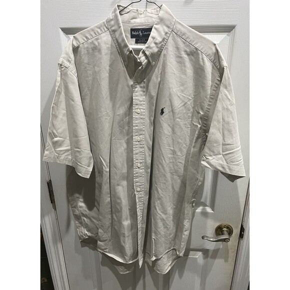 Ralph Lauren Short Sleeve Beige Button Up Blake Cotton Mens L - Picture 1 of 4